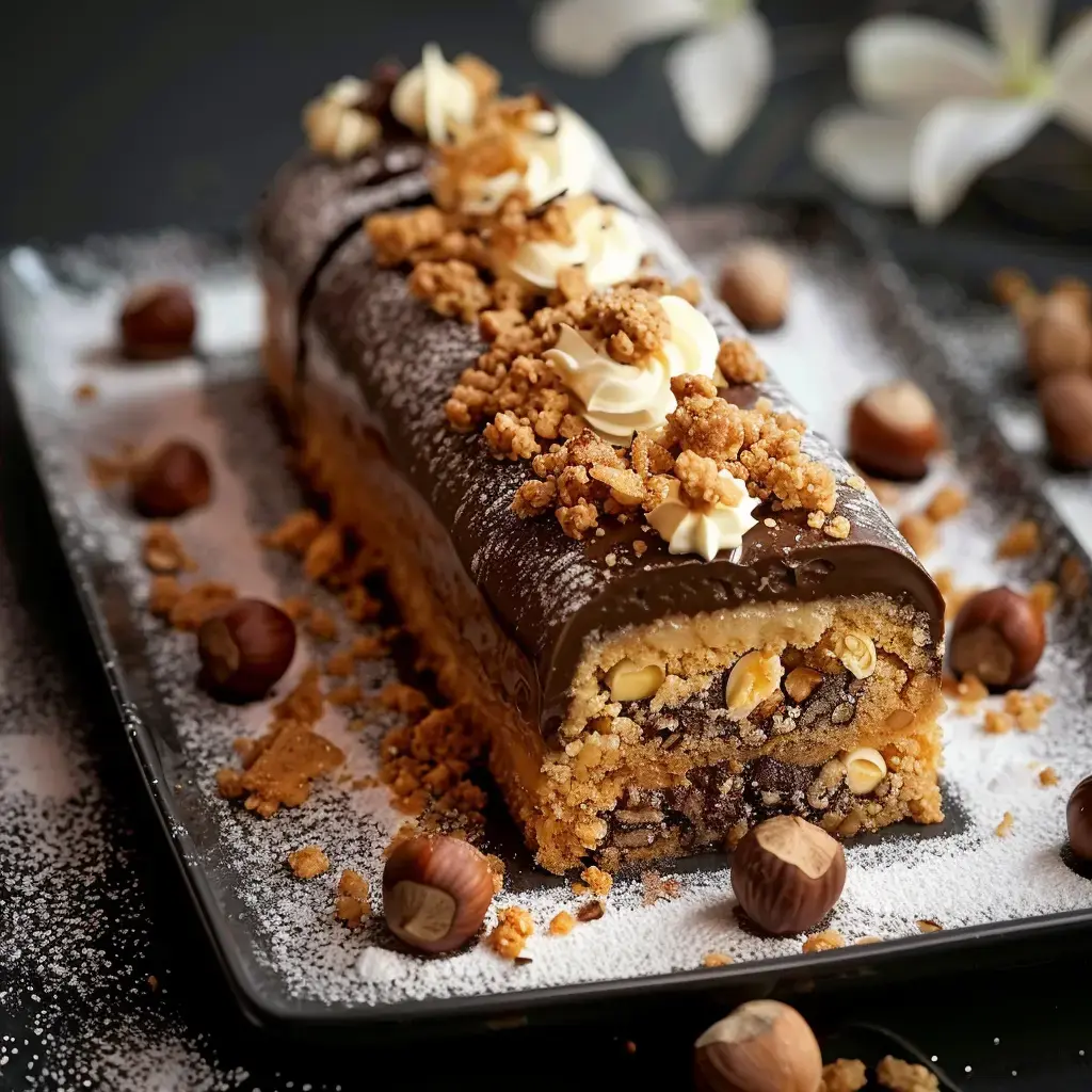 Un gâteau roulé décoré de crème, de miettes croustillantes et de noisettes, présenté sur une assiette avec un fond de sucre glace.