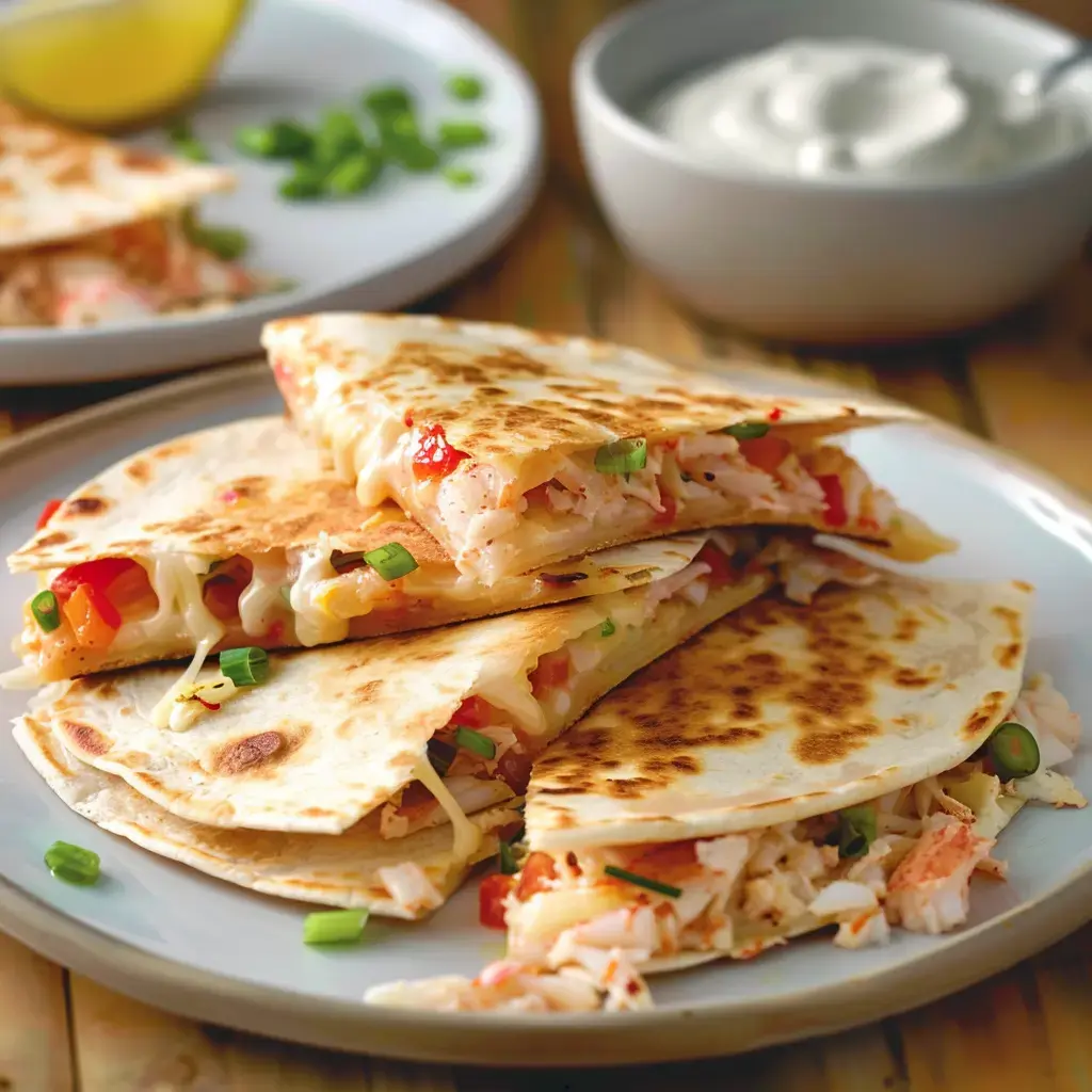 Des quesadillas croustillantes garnies de fromage, de poulet et de légumes, servies avec une sauce crémeuse.