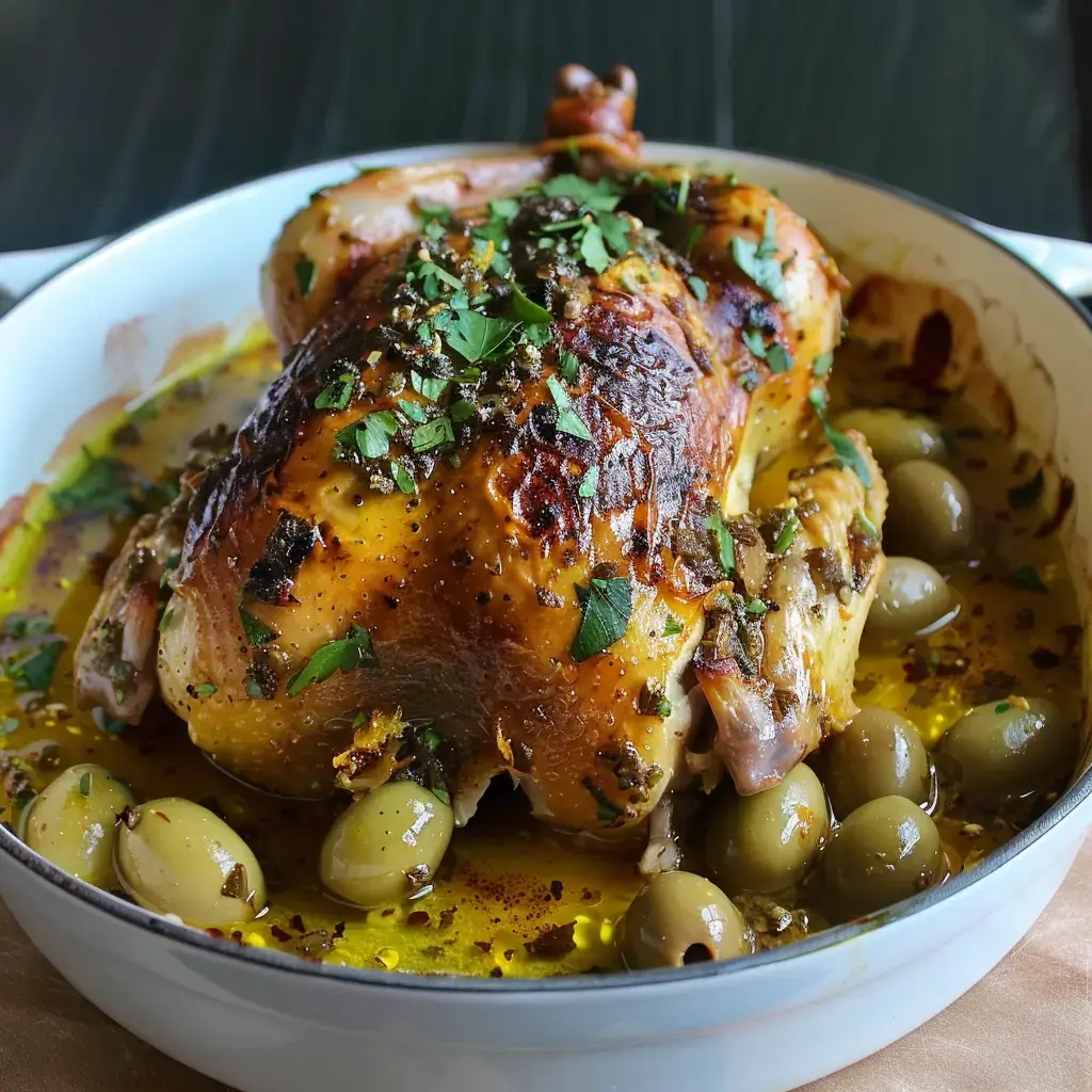 Un poulet rôti doré, garni de coriandre, accompagné d'olives vertes dans une sauce à l'huile d'olive.