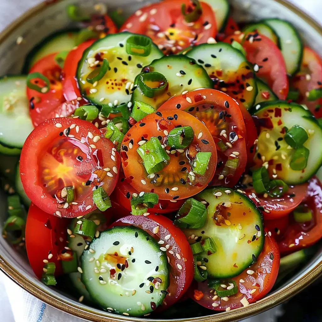 Une salade colorée composée de rondelles de tomates et de concombres, garnie d’oignons verts et de graines de sésame.