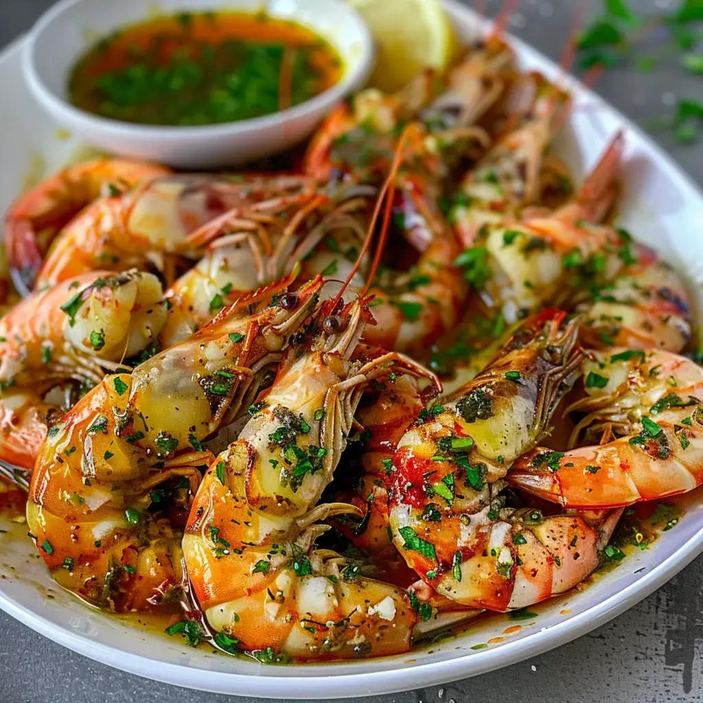 Gambas grillées servies avec une sauce et des herbes fraîches.