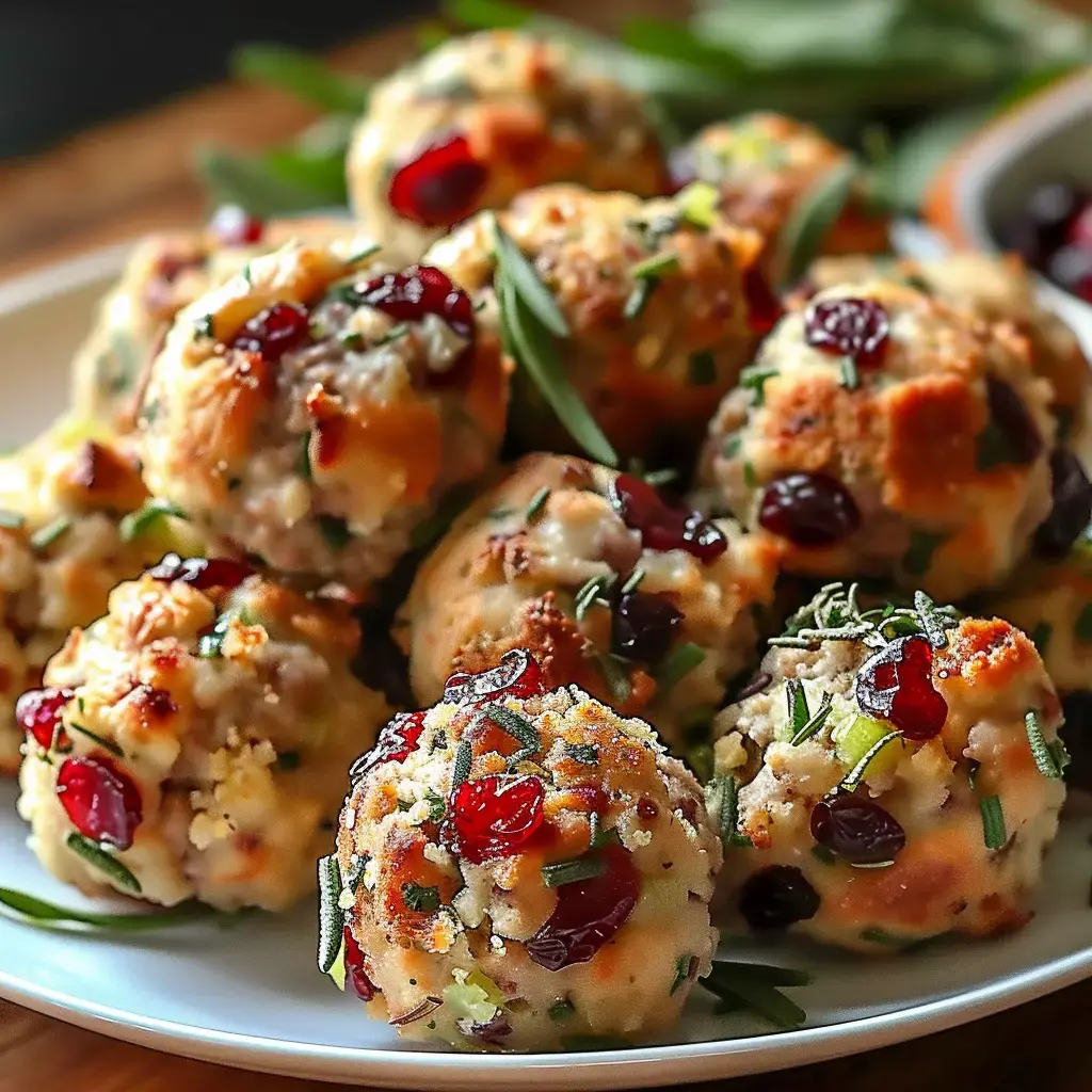 Des boulettes dorées garnies de canneberges et d'herbes, présentées sur une assiette blanche.