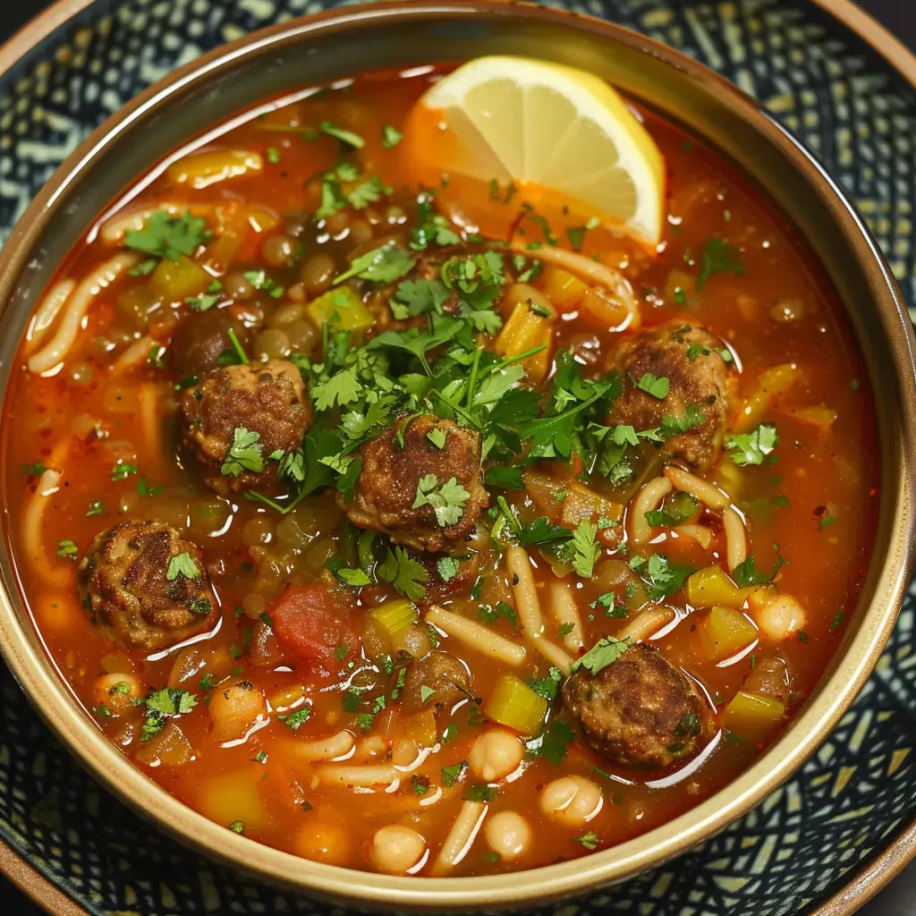 Une soupe rouge garnie de boulettes de viande, de légumes et de coriandre, accompagnée d'une tranche de citron.