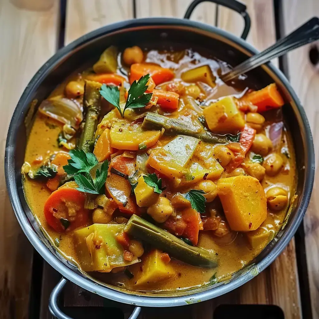 Un plat de légumes variés et de pois chiches dans une sauce épicée, garni de feuilles de persil, servi dans une casserole en métal.