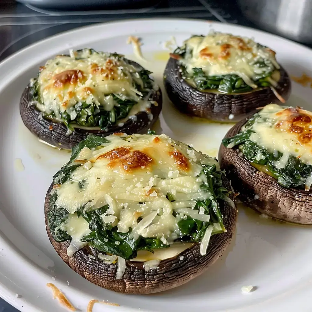 Quatre champignons farcis d'épinards et de fromage gratiné sur une assiette.