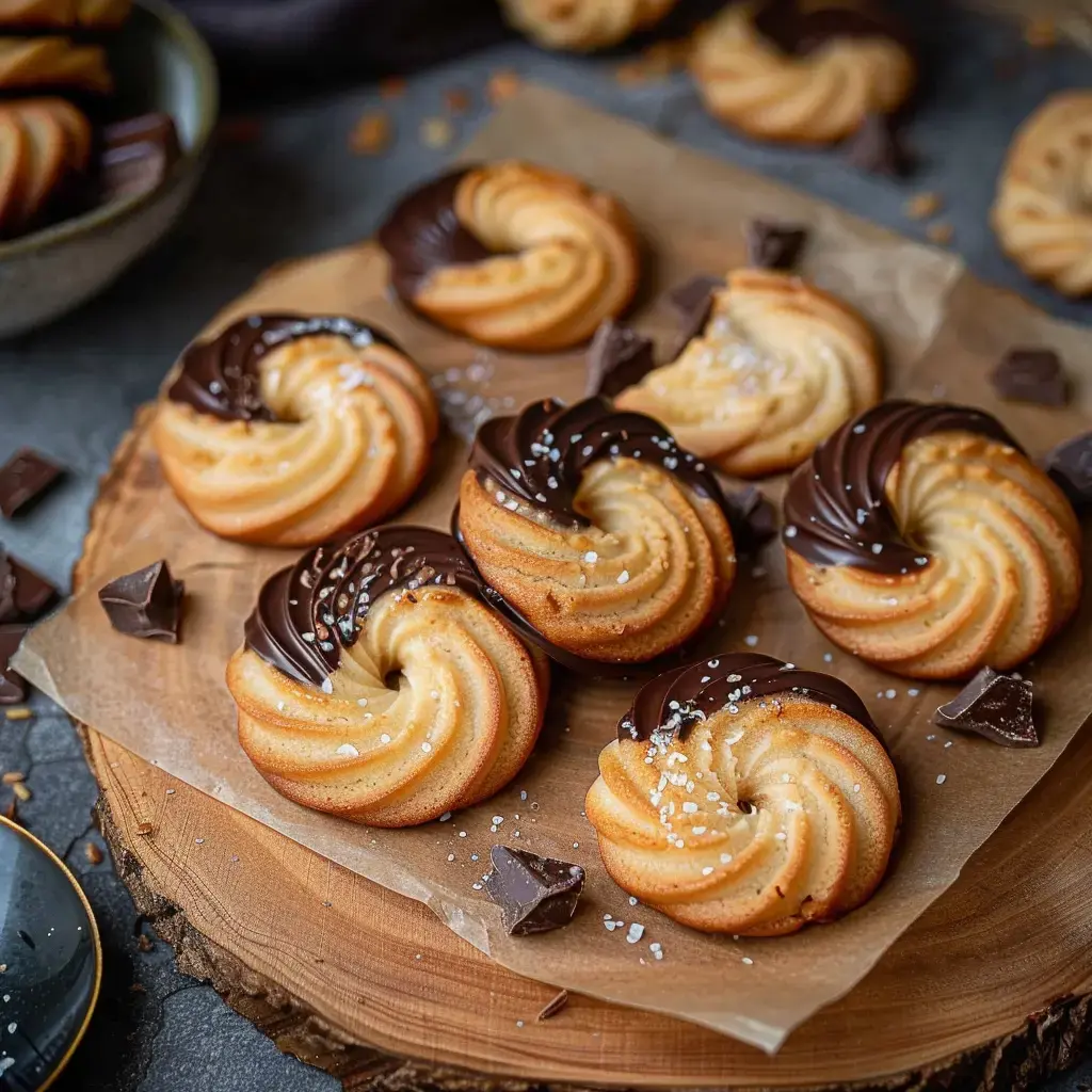 Des biscuits en spirale, recouverts de chocolat et saupoudrés de sel, sont disposés sur du papier dans une assiette en bois.