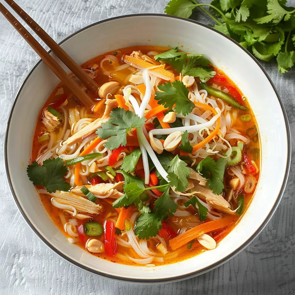 Bol de nouilles avec du poulet, des légumes frais, des cacahuètes et de la coriandre, servi avec des baguettes.