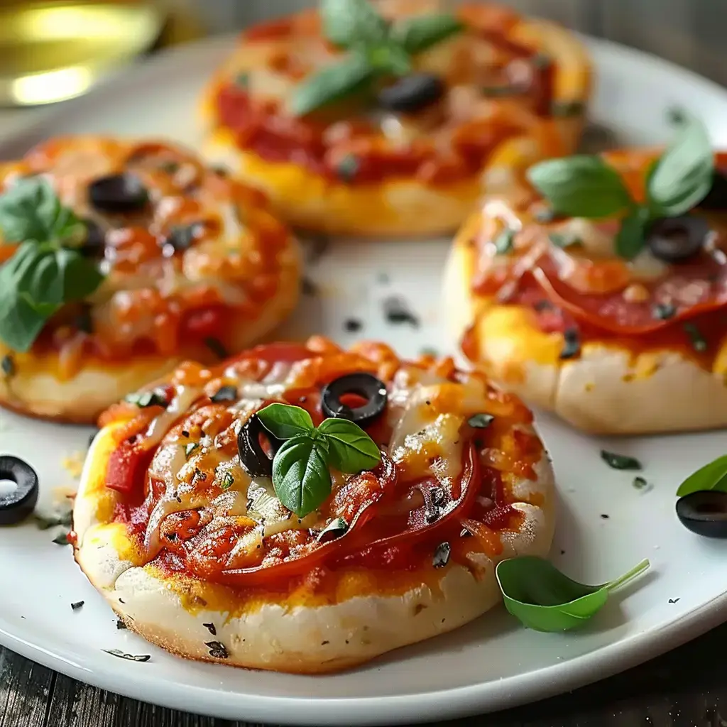 Quatre mini-pizzas garnies de sauce tomate, fromage, olives noires et basilic, présentées sur une assiette.