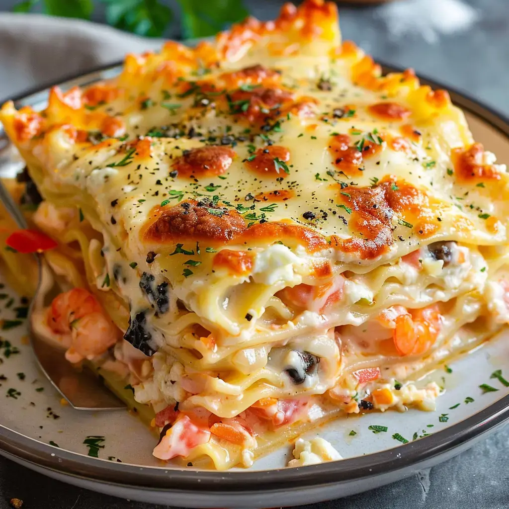 Lasagne garnie de crevettes, fromage et herbes, présentée dans une assiette.