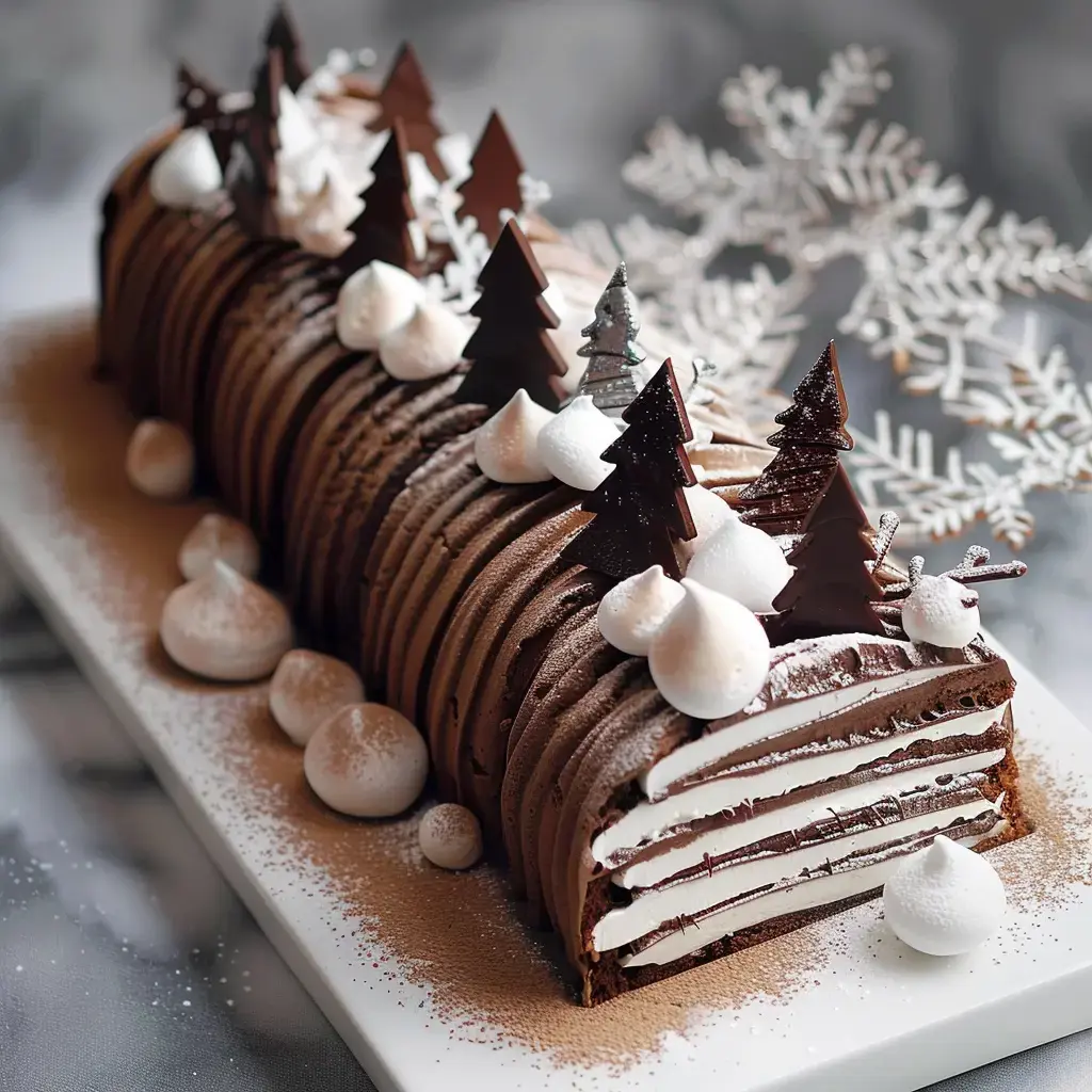 Une bûche de Noël au chocolat décorée de petits sapins en chocolat et de meringues blanches.