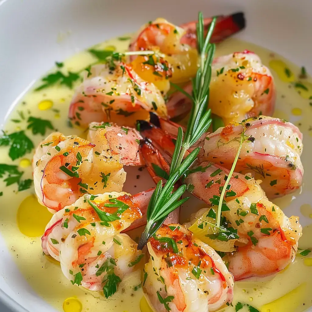 Gambas grillées garnies d'herbes, servies dans une sauce à l'huile d'olive.