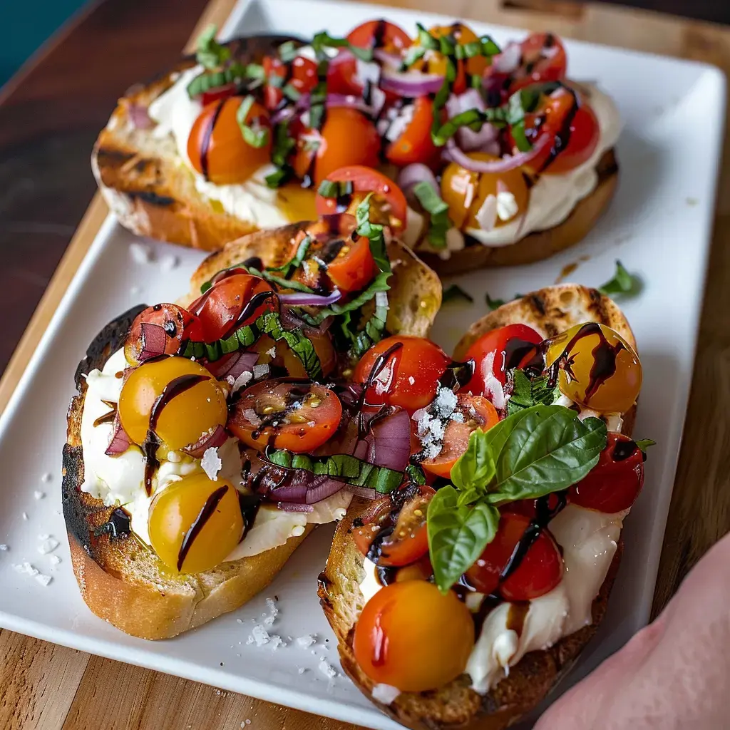 Des bruschettas garnies de tomates cerises colorées, d'oignons rouges, de basilic et de balsamique sur un fond de pain grillé.