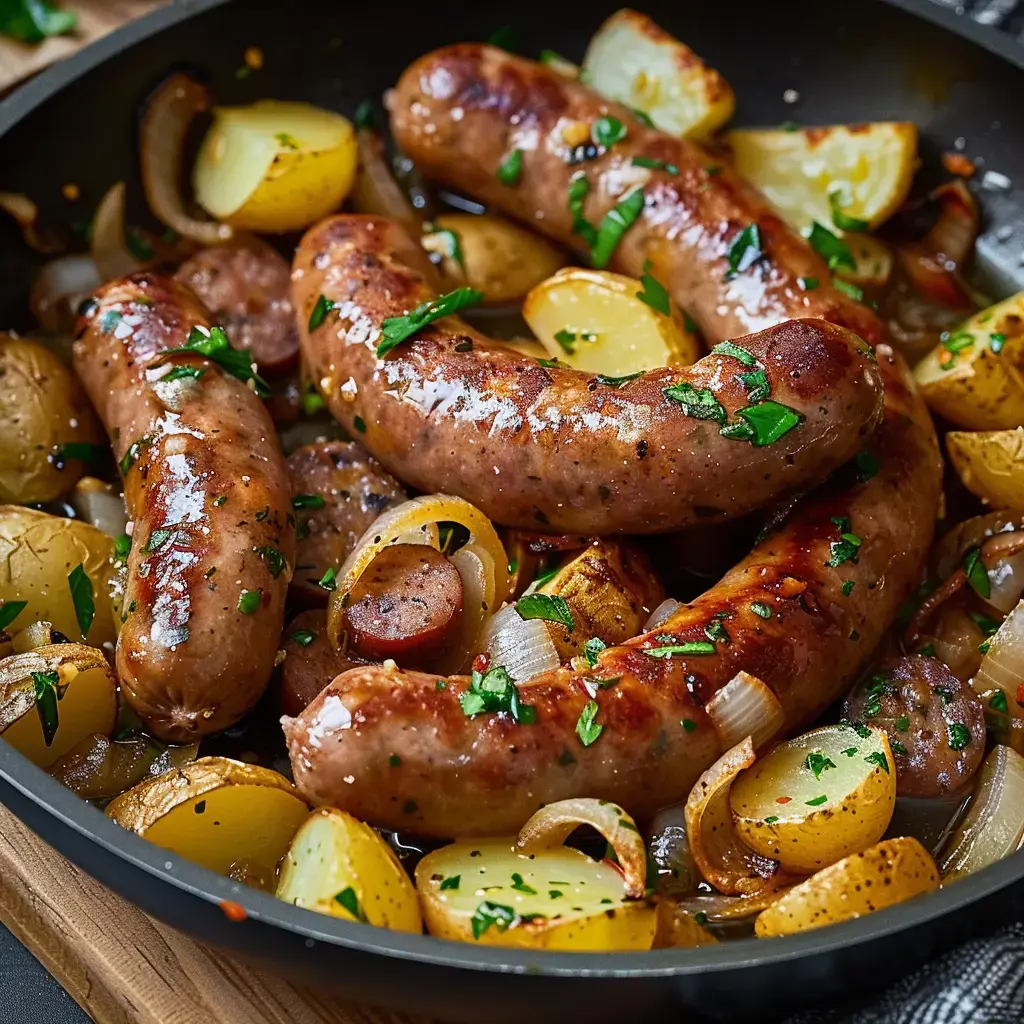 Une poêle contenant des saucisses dorées, des pommes de terre et des oignons, garnie de persil frais.