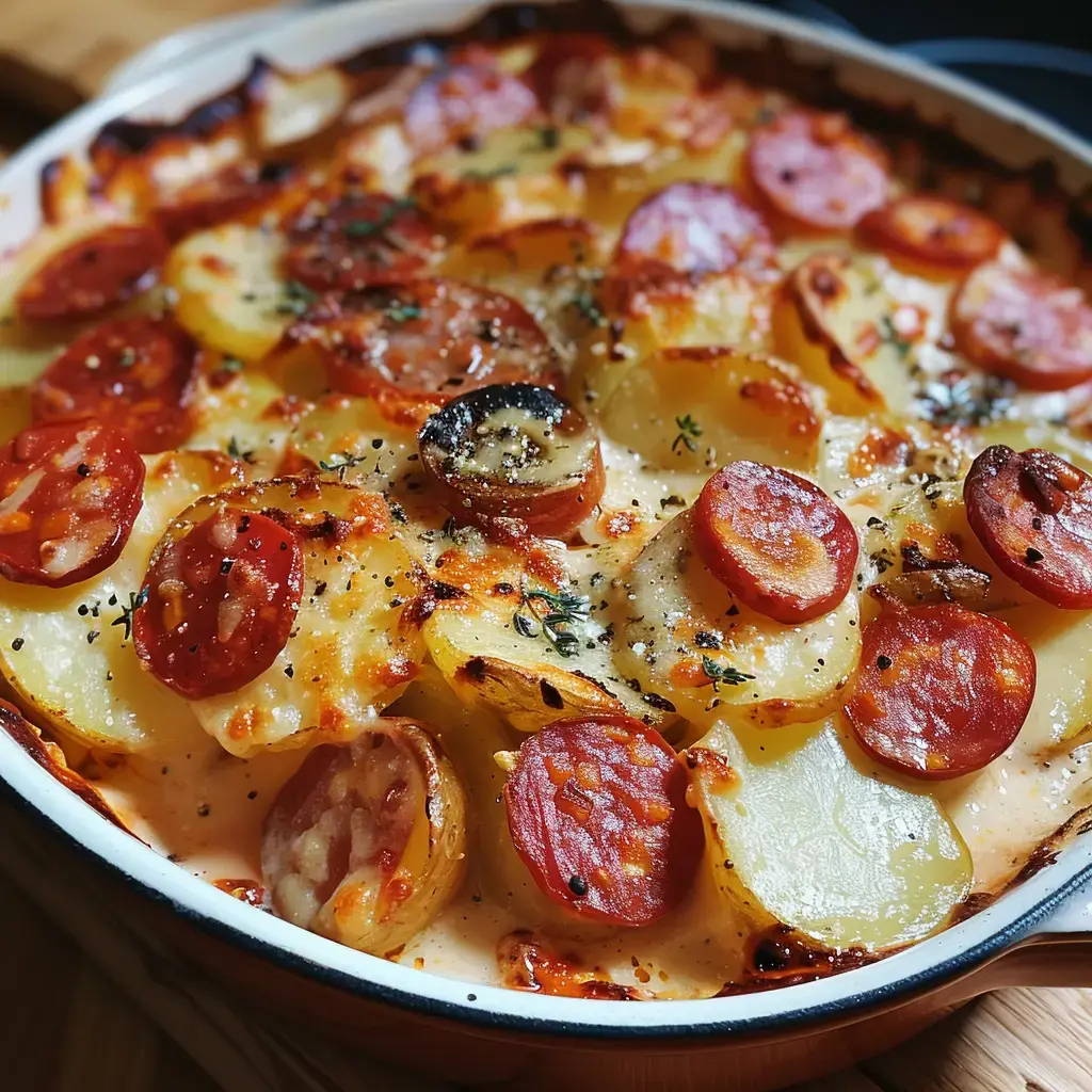 Un plat de pommes de terre gratinées avec des tranches de chorizo et de la fromage, doré et parfumé d'herbes.