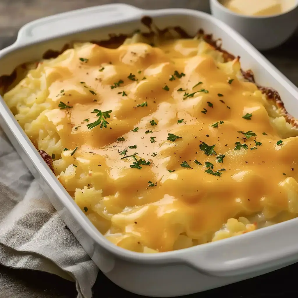 Gratin de pommes de terre crémeux garni de fromage fondu et de persil.