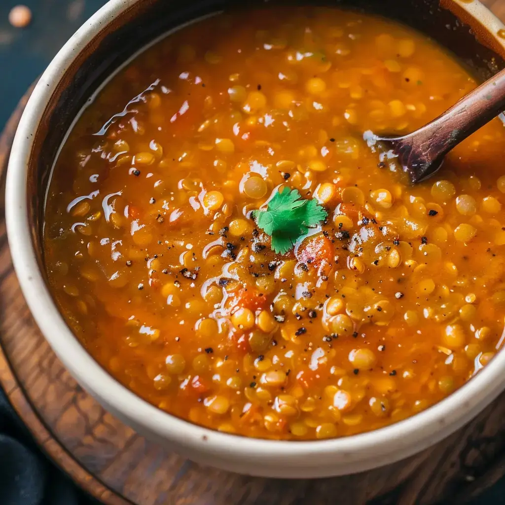 Un bol de soupe de lentilles orange avec un brin de coriandre et des épices.