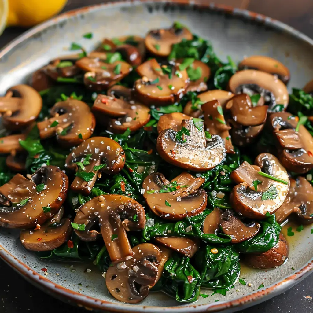 Un plat de champignons sautés sur un lit d'épinards, garni de persil et de sel.