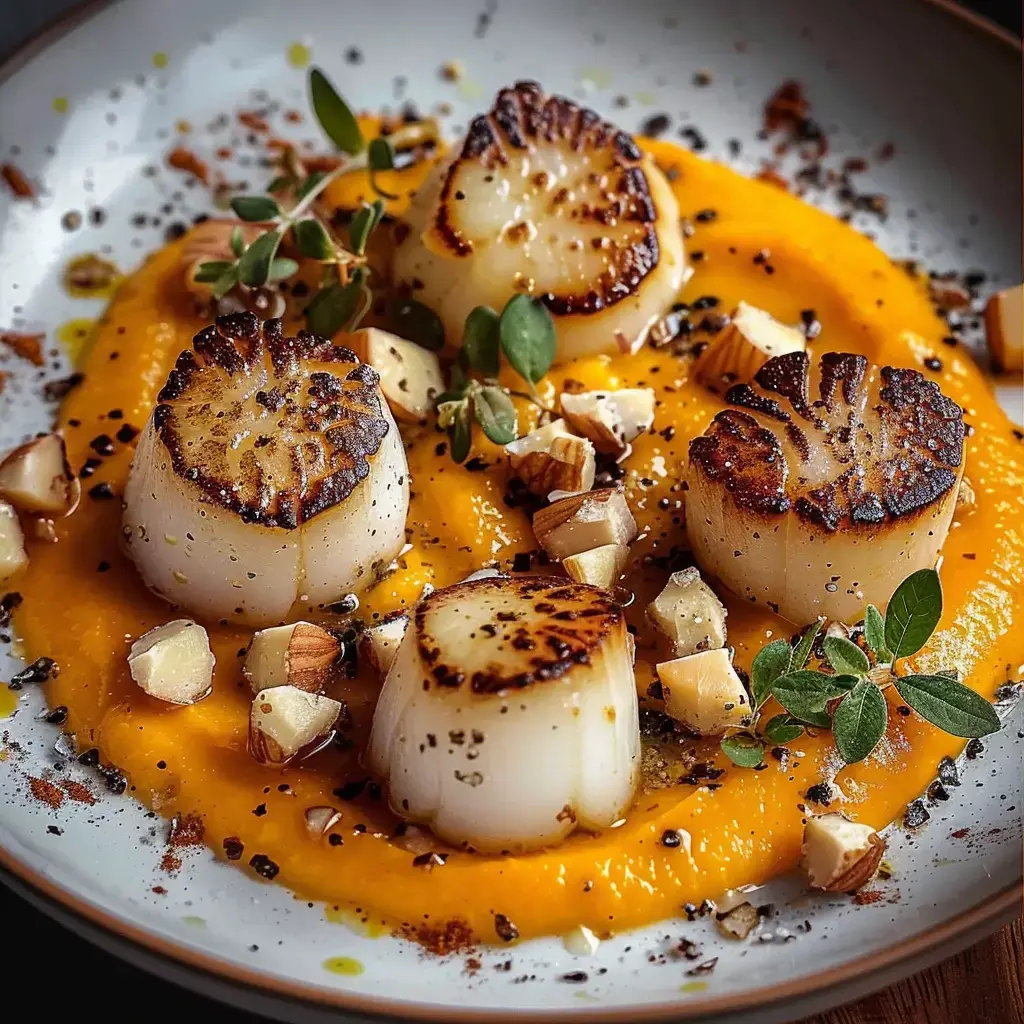 Quatre coquilles Saint-Jacques grillées sur un lit de purée de carottes, garnies de noisettes concassées et d'herbes fraîches.