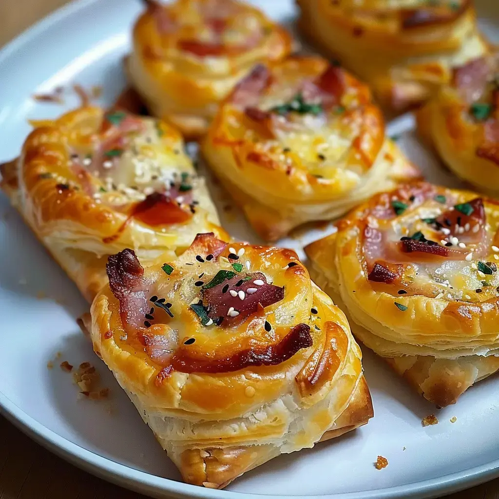 Des feuilletés dorés garnis de fromage, jambon et herbes, disposés sur une assiette blanche.