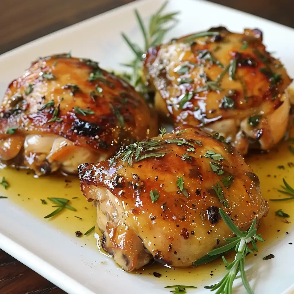 Des cuisses de poulet rôties, brillantes et garnies d'herbes fraîches, servies sur une assiette blanche.