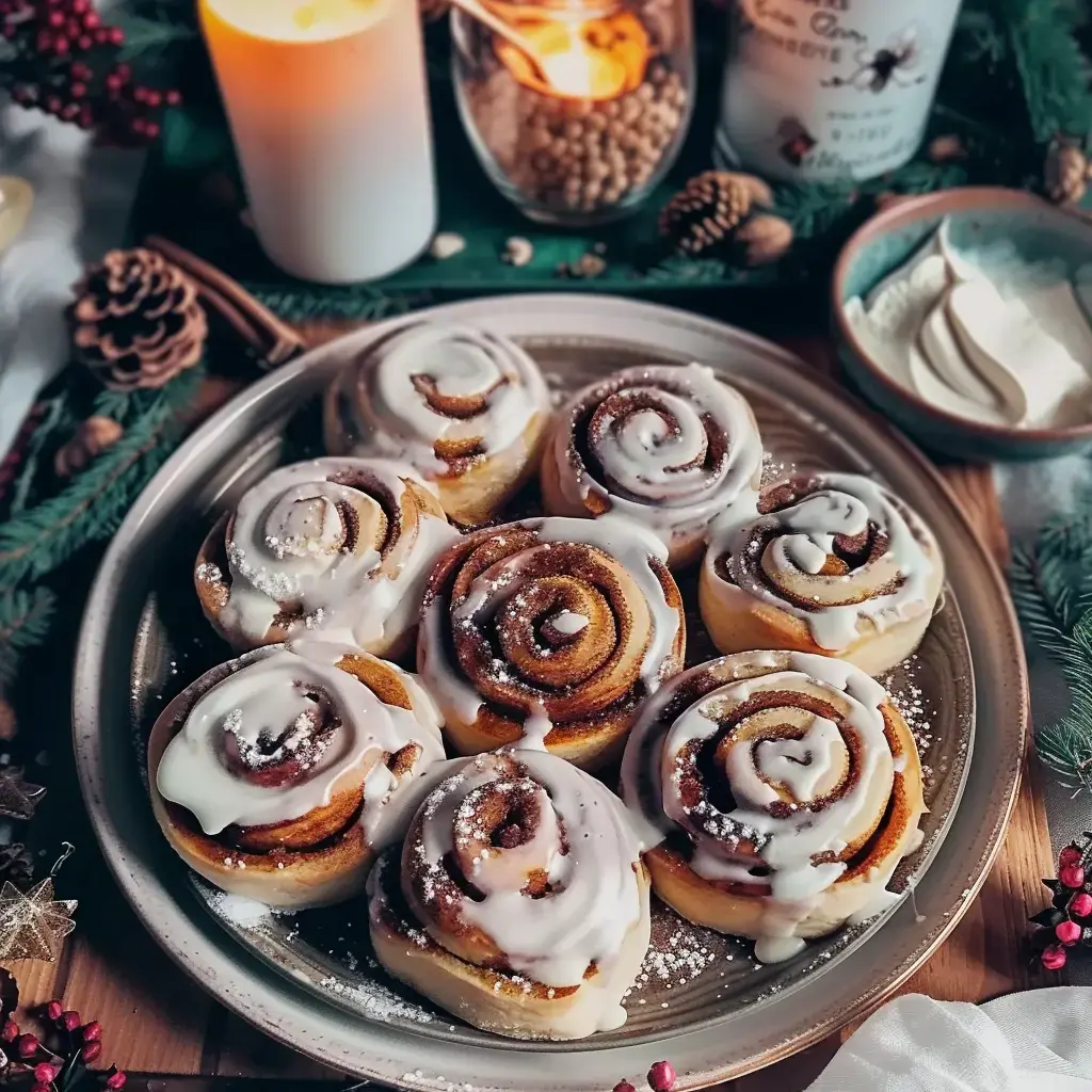 Une assiette de rouleaux à la cannelle glazurés, entourés de décorations de Noël et de bougies.