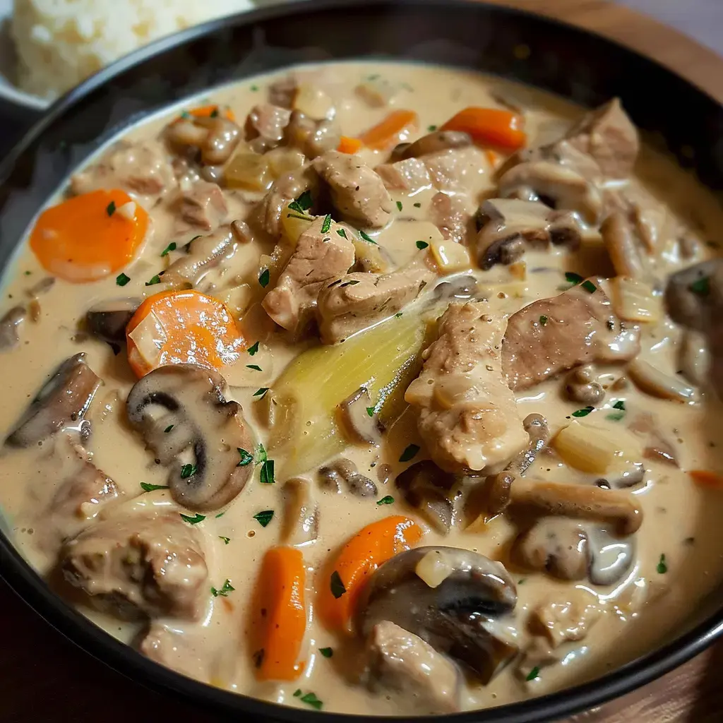 Un plat crémeux de viande avec des carottes, des champignons et des légumes, servi dans un bol avec du riz à côté.