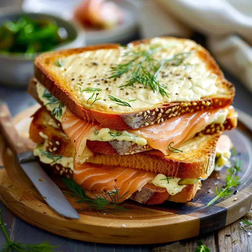 Un sandwich empilé à base de pain grillé, saumon fumé et mayonnaise, garni d'aneth et de poivre.