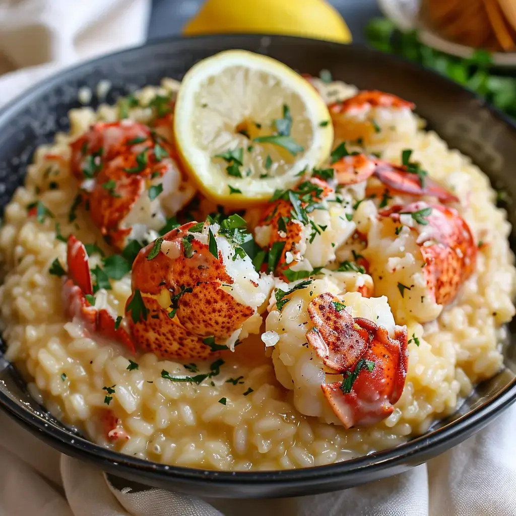 Un plat de risotto crémeux garni de morceaux de homard et de quartiers de citron, décoré de persil frais.