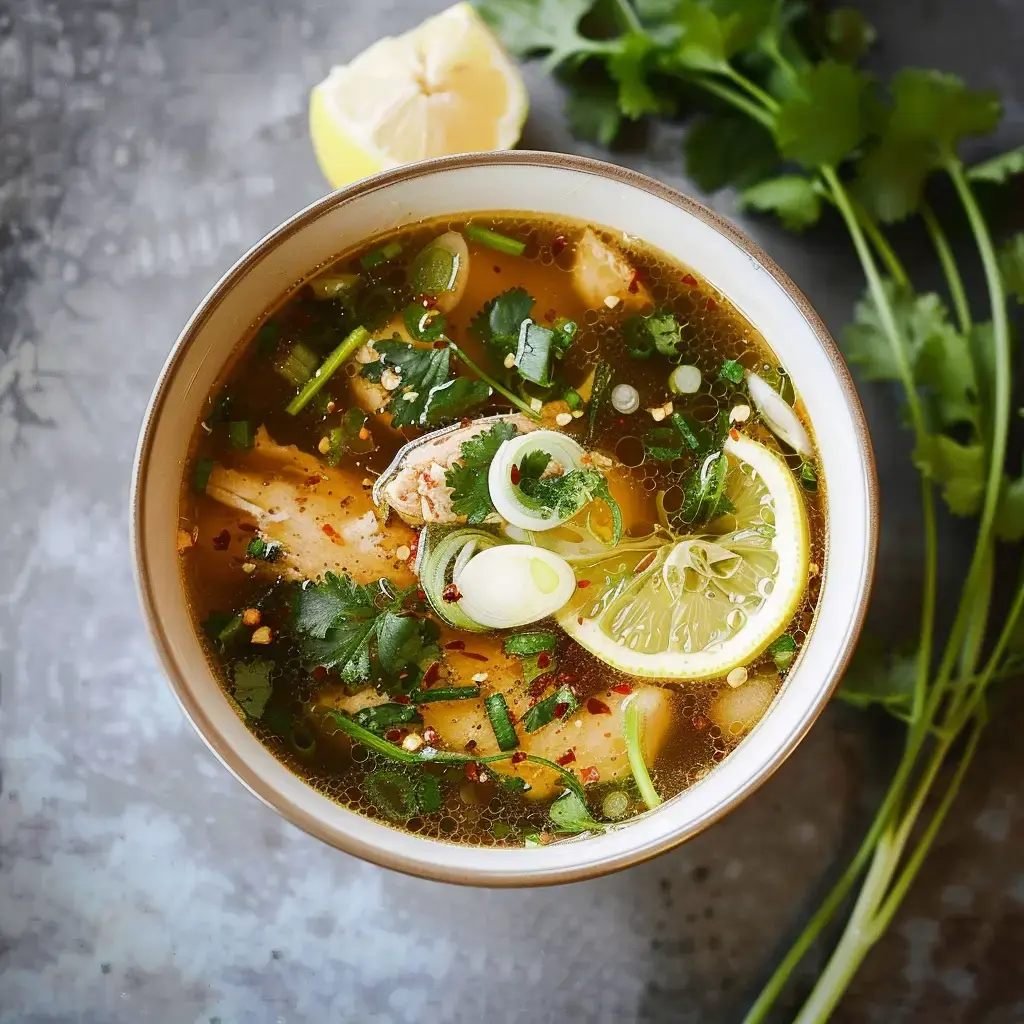 Un bol de soupe aromatique avec des morceaux de poulet, des herbes fraîches, des rondelles de citron et des légumes.