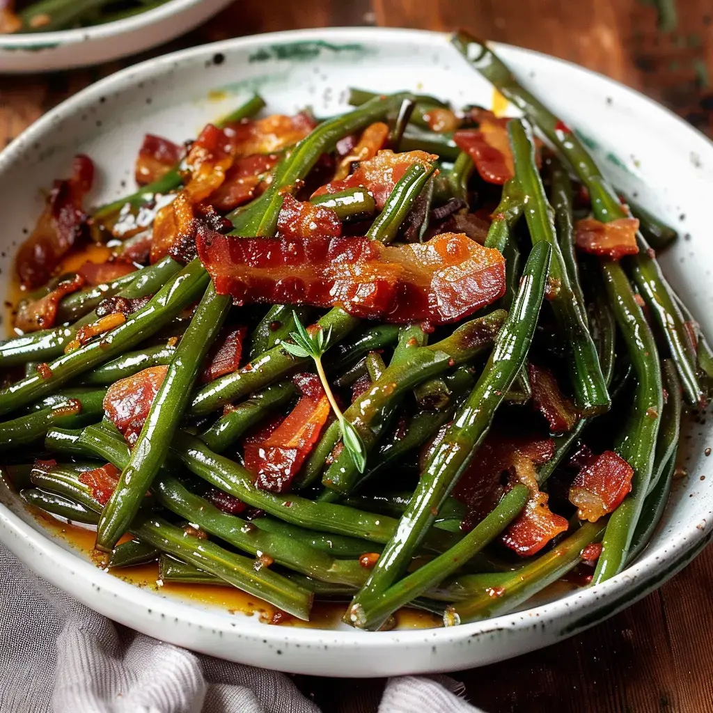 Un plat de haricots verts sautés mélangés avec des morceaux de bacon croustillant.