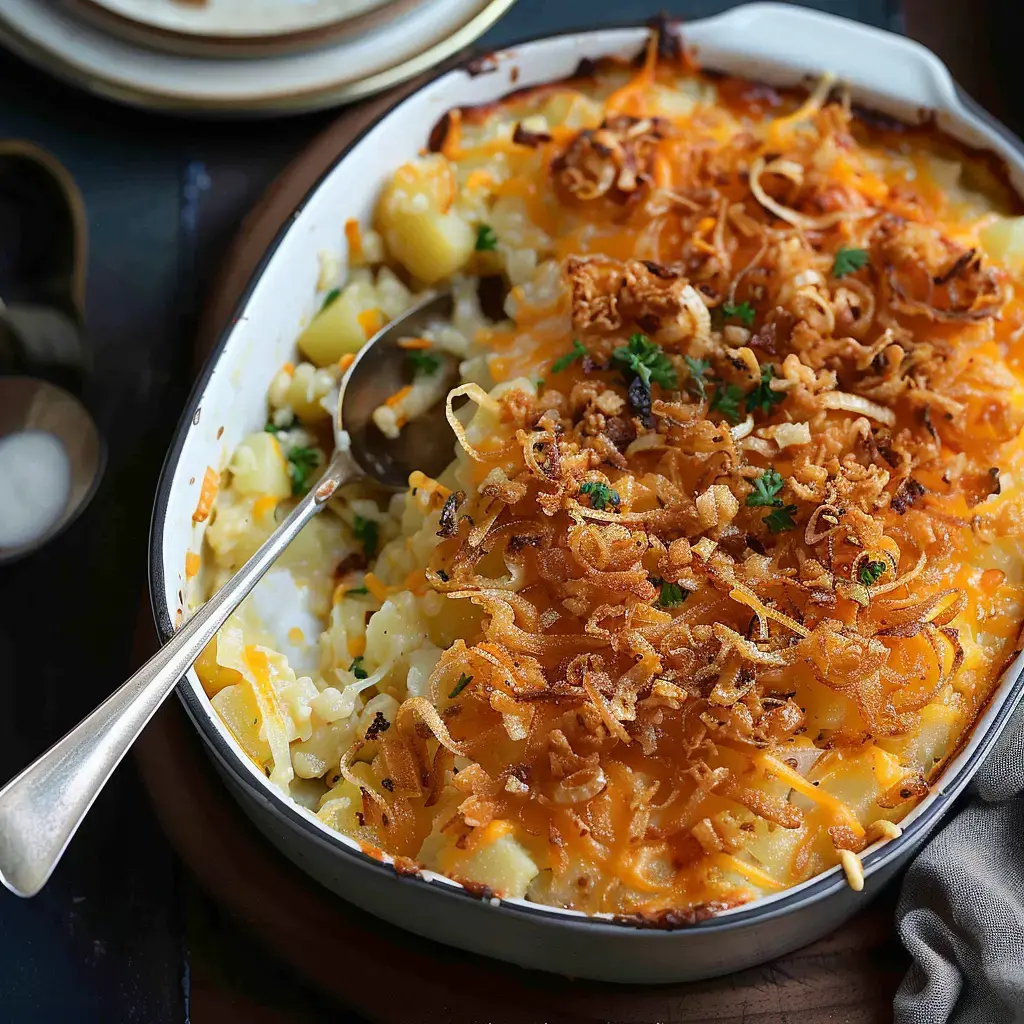 Un plat de gratin crémeux recouvert de fromage cheddar fondu et d'oignons frits, servi dans un plat en céramique.