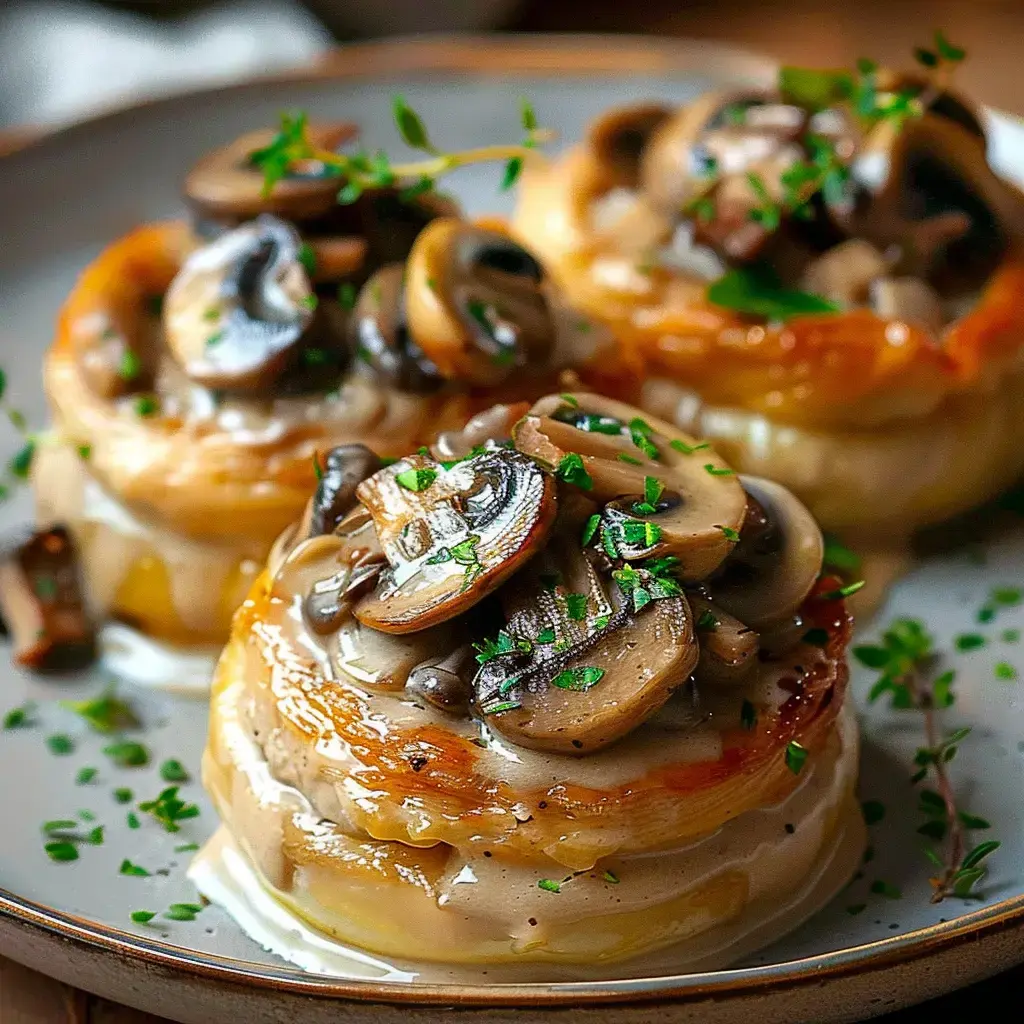 Trois petits gâteaux de pommes de terre garnis de champignons et de fines herbes sur une assiette.