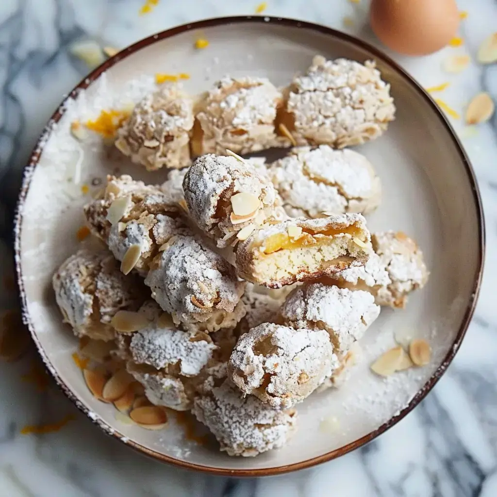 Des douceurs fourrées, saupoudrées de sucre glace et d'amandes, sont présentées dans un bol, avec un œuf à côté.