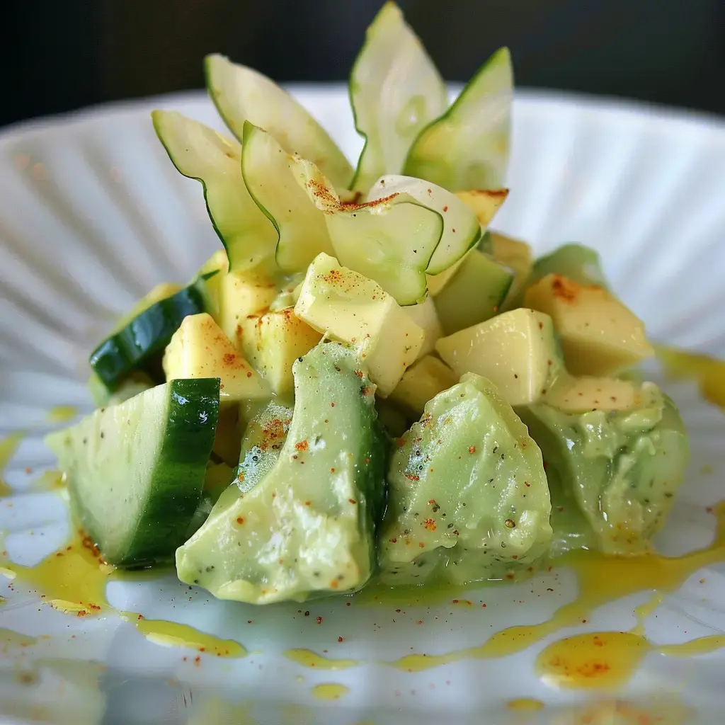 Une salade colorée composée de morceaux d'avocat, de concombre et de dés de fromage, assaisonnée d'huile d'olive et de paprika.