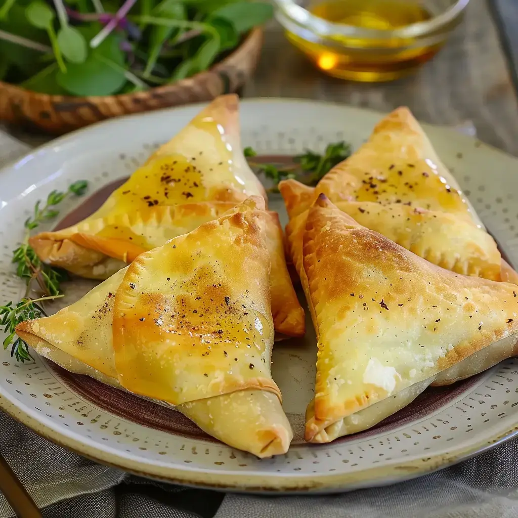 Quatre samoussa dorés et croustillants garnis, servis sur une assiette avec des herbes et de l'huile d'olive en arrière-plan.