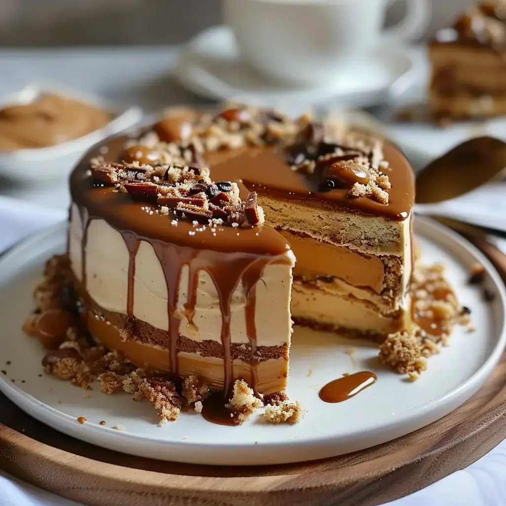 Un gâteau à plusieurs couches, garni de caramel et de morceaux de noix, avec une part découpée, est présenté sur une assiette.