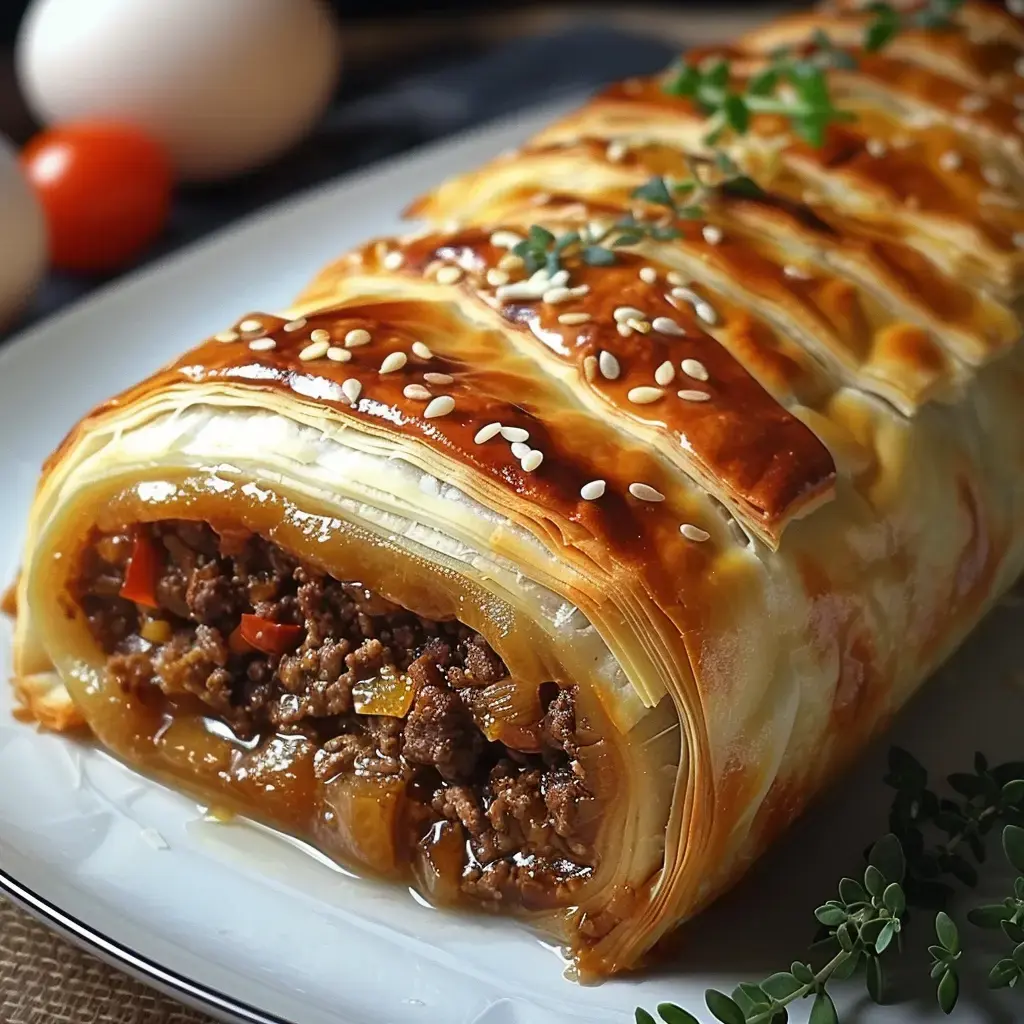 Un rouleau feuilleté garni de viande hachée et de légumes, saupoudré de graines de sésame.