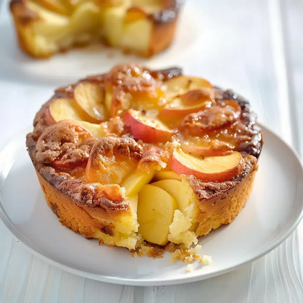 Gâteau aux pommes avec une part coupée, exposant des tranches de pommes dorées sur une croûte dorée.