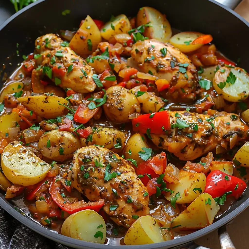 Un plat de poulet aux pommes de terre, poivrons et oignons, garni de persil frais.