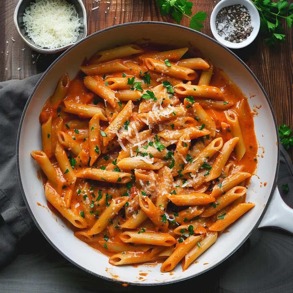 Un plat de pâtes penne dans une sauce tomate crémeuse, garni de parmesan et de persil frais.