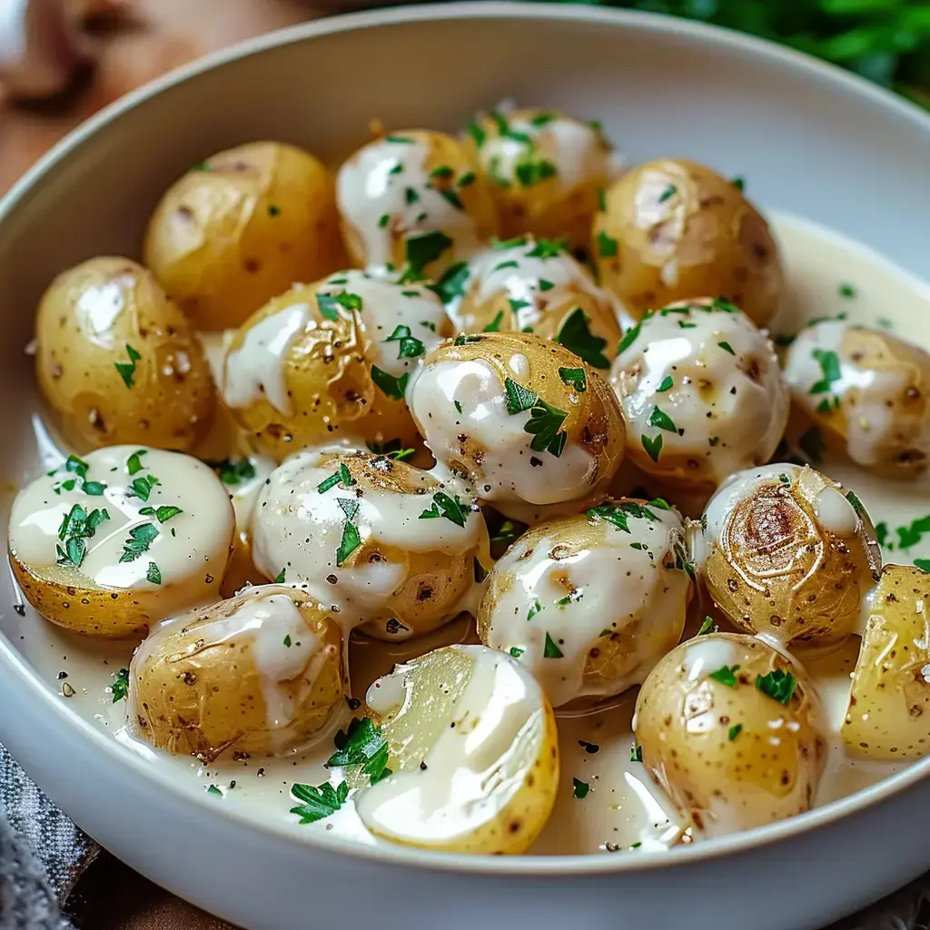 Des pommes de terre nouvelles servies dans une sauce crémeuse, garnies de persil.