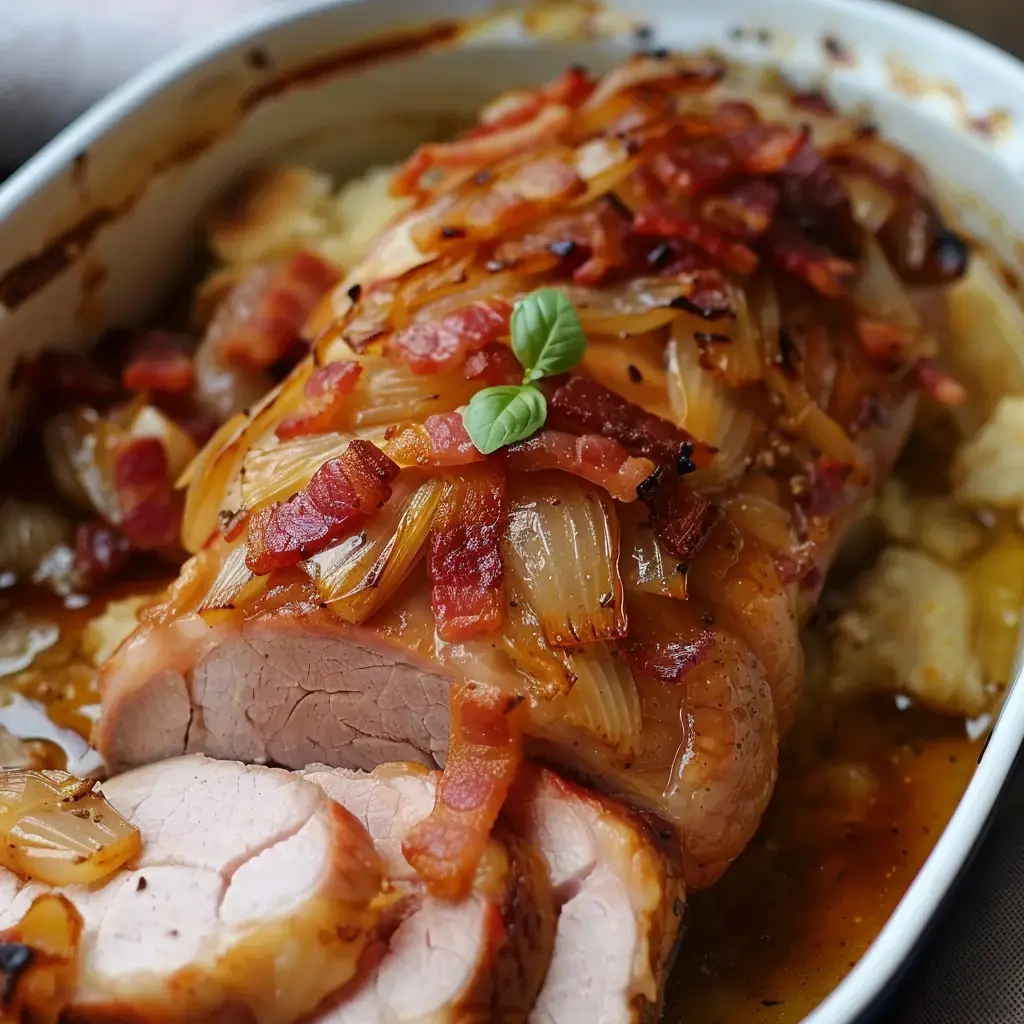 Un rôti de viande tranché, garni d'oignons et de morceaux de bacon, est présenté dans un plat, accompagné d'une sauce.