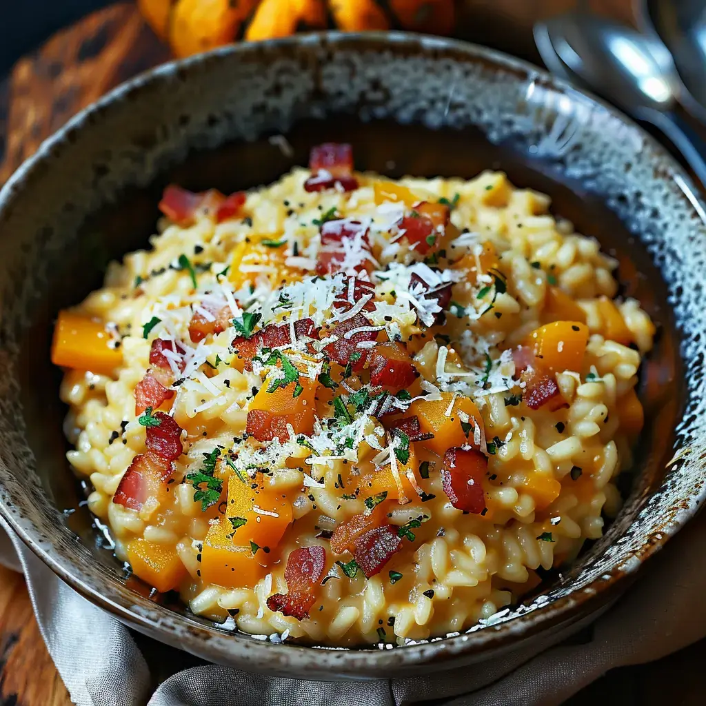 Un bol de risotto crémeux garni de cubes de courge, de morceaux de bacon croustillants et de parmesan râpé, entouré d'une serviette.