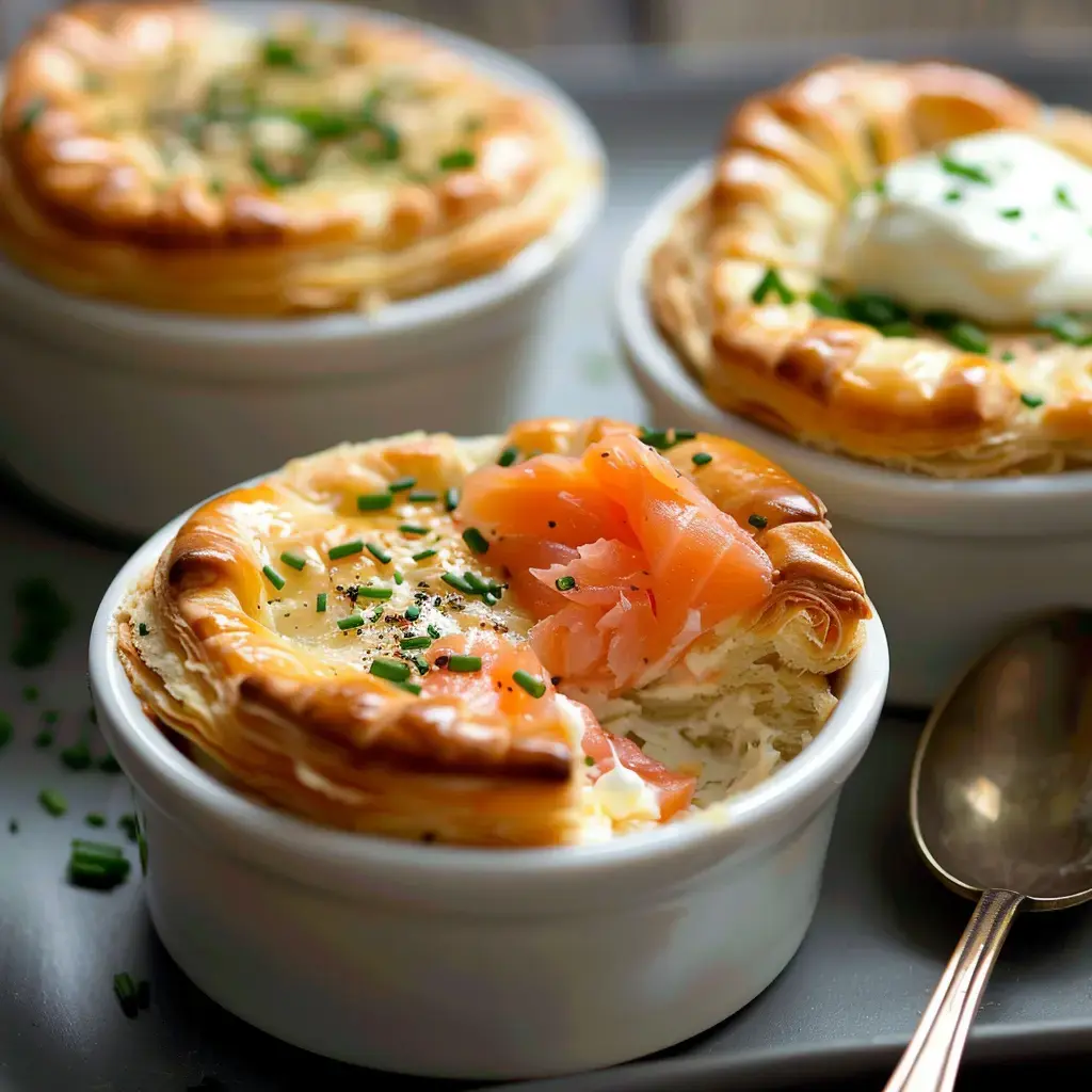 Des ramequins de quiche garnis de saumon fumé et de ciboulette, accompagnés d'une cuillère.