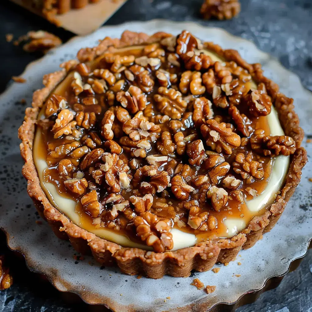 Une tarte au caramel garnie de noix de pécan sur une assiette.