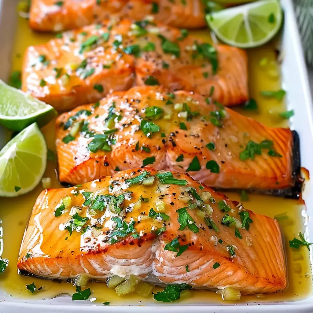 Filets de saumon cuisinés, garnis de coriandre, citron vert et sauce dorée.