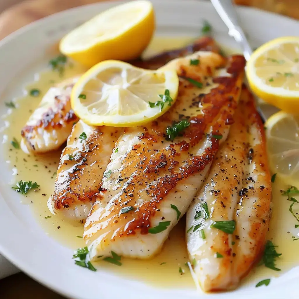 Filets de poisson grillés, garnis de rondelles de citron et d'herbes fraîches, servis dans une sauce au beurre.