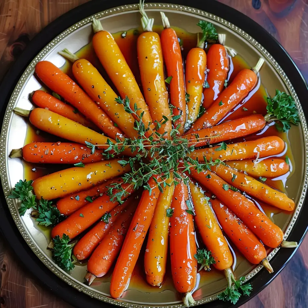 Une assiette circulaire de carottes de différentes couleurs, garnies de thym et de persil, arrosées d'huile et de sauce.