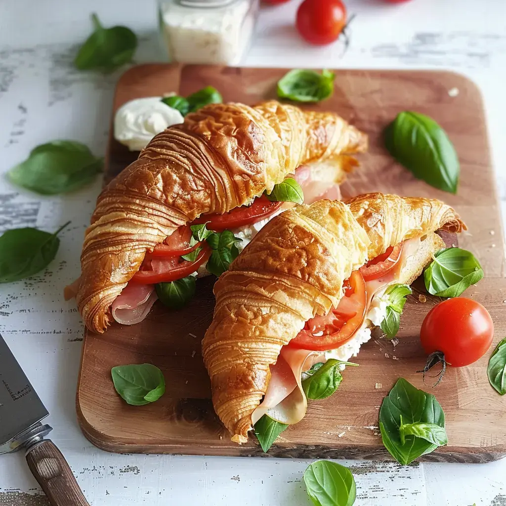 Deux croissants garnis de tomate, de jambon et de feuilles de basilic sur une planche en bois, accompagnés de tomates cerises.