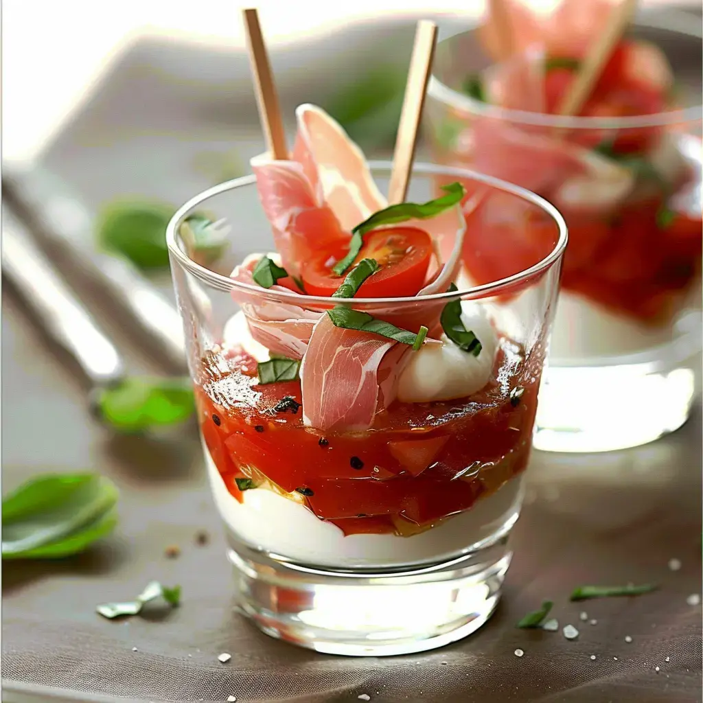 Verre transparent contenant des couches de tomates, de crème et de prosciutto, garni de basilic frais.